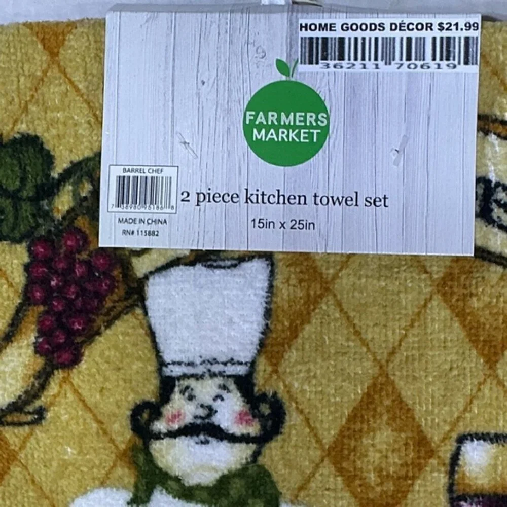 Farmers Market Kitchen Towels Wine Barrel Chef Cotton Velour Terry Set 2 Pieces